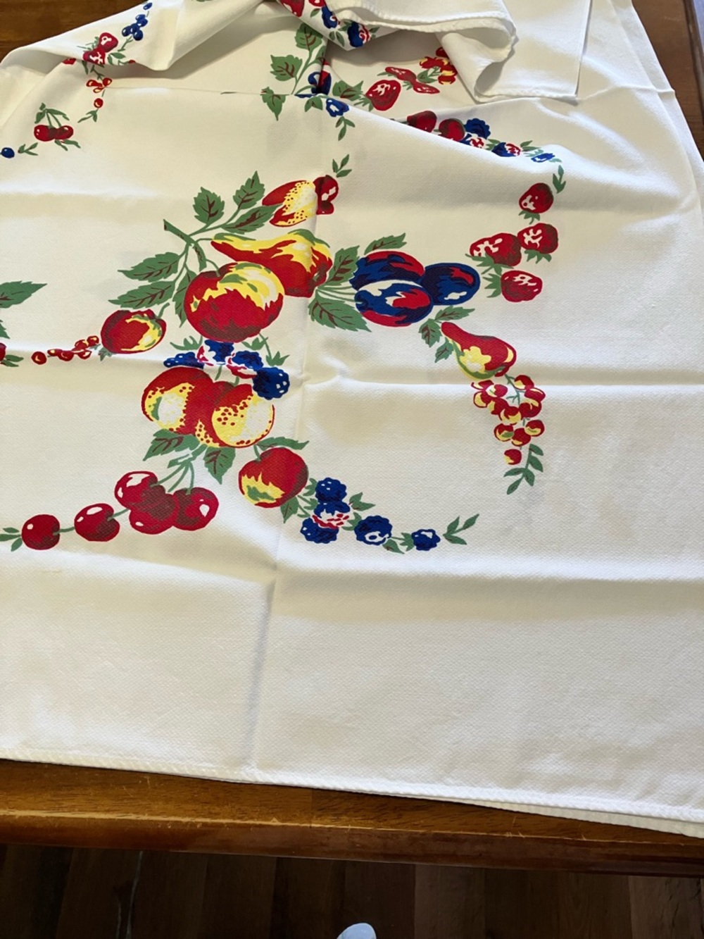 White Vintage Tablecloth with Colorful Floral Design. Price is firm.